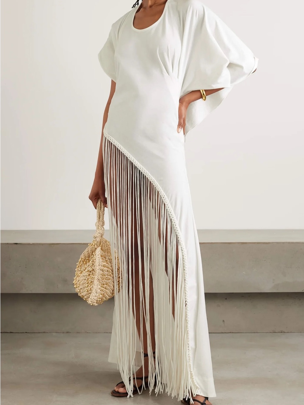 Faithfull the brand White Fringe Maxi Dress with Batwing Sleeves - Picture 1 of 5